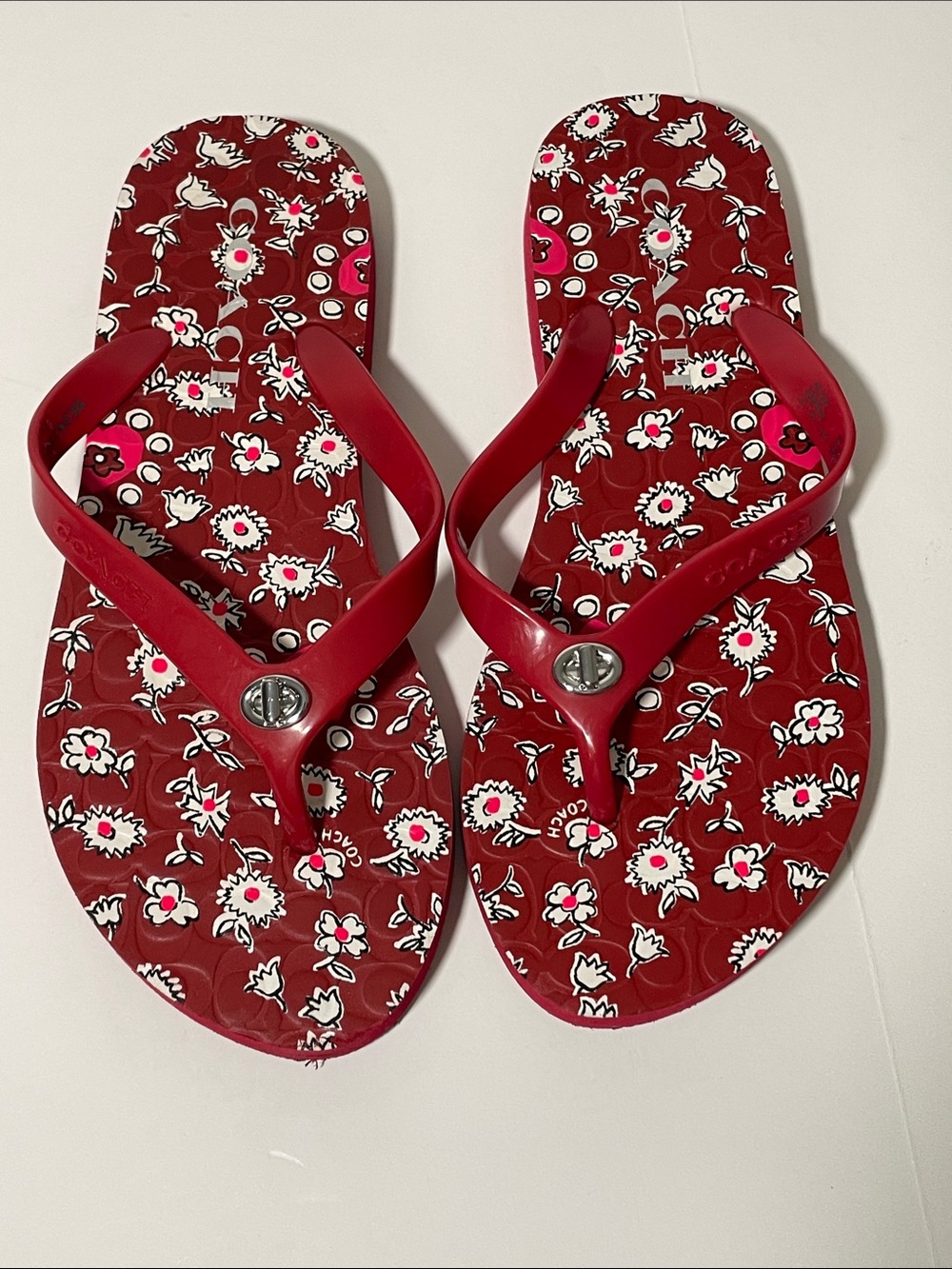 Coach Abbigal Red Floral Logo Flip Flop Thong Sandals Size 5B (5-6) Turn lock